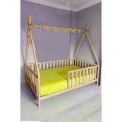 Resim Hft Home Çatılı Unisex Montessori Bebek ve Çocuk Karyolası Doğal Ahşap Yatak 