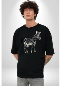 Resim Zürafa Pamuklu Bisiklet Yaka Unisex Oversize Boyfriend Dijital Baskılı Siyah T-shirt Siyah 