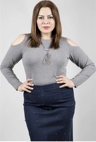 Resim Myline Omuzları Açık Kolyeli Uzun Kol Tişört 