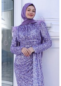 Resim Raika Moda Parıltılı Kol Tüy Detaylı Şura Tesettür Büyük Abiye Lavanta 