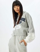 Resim Şardonlu Crop Sweatshirt Kapüşonlu Fermuarlı Kolej İşlemeli Cep Detaylı 