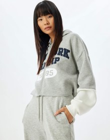 Resim Şardonlu Crop Sweatshirt Kapüşonlu Fermuarlı Kolej İşlemeli Cep Detaylı 