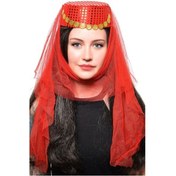 Resim The Newness Kırmızı Duvaklı Altın Pul Işlemeli Kına Fesi Kına Şapkası Oryantal Şapkası Çok Renkli 