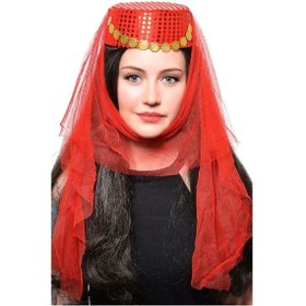 Resim The Newness Kırmızı Duvaklı Altın Pul Işlemeli Kına Fesi Kına Şapkası Oryantal Şapkası Çok Renkli 