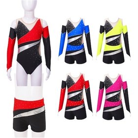 Resim Pembe Çocuk Kız Dans Bodysuit Uzun Kollu Off-omuz Patchwork Stil Leotard Unitard Bale Tulum Şortlu Pembe 