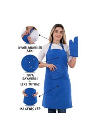 Resim Simple 3lü Set Ayar Askılı Mutfak Önlüğü Seti Eldiven, Tutacak Mavi 
