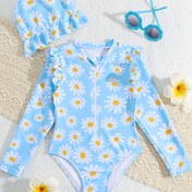 Resim Bebek kızlar için romantik küçük papatya çiçeği desenli uzun kollu mayo, birlikte sevimli güneş koruma şapkası ile. Kategori: Bebek kız tek parça mayo. 