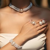 Resim 5 adet retro, şık ve lüks Barok taklit inci oval çok katmanlı kolye, bileklik, küpe, yüzük düğün takı seti, Kadınlar için doğum günü, düğün, Sevgililer Günü hediyesi ve düğün ziyafetleri için takı seti 