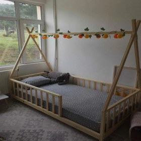 Resim Köşk Mobilya Rüya Doğal Montessori Bebek ve Çocuk Karyolası Kızılderili Model tüm Ölçülerde 