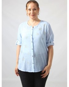 Resim Moda Berray 3294 Bebe Mavisi Yıldız Baskılı Organik Keten Kumaş Mevsimlik Gömlek B. Mavi 