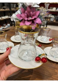 Resim Paşabahçe Pandoranın Kutusu Porselen Tabaklı Paşabahçe Bardaklı Kirazlı 6 Kişilik Çay Bardağı Takımı Krem 