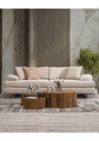 Resim Sultan Sırt Mekanizmalı Ve Bazalı 3 Adet Üçlü Kanepe & 3'lü Koltuk 3+3+3 - Krem Krem 