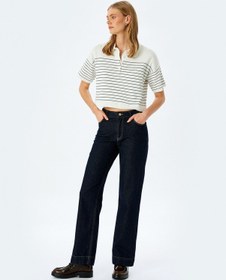 Resim Koton Düğmeli Çizgili Oversize Polo Yaka İnce Triko Kazak Lacivert Çizgili 5sak90007ht 7s2 Çok Renkli 