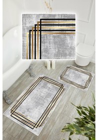 Resim Dijital Baskı Çerçeveli Kaymaz Taban 2li Set Banyo Paspası Klozet Takımı 50x60cm-60x100cm Gri 