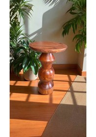 Resim Tekli Mantar Model Ahşap Yan Sehpa Doğal Fındık Renk 