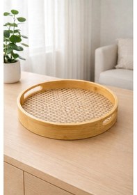 Resim 1 Adet Küçük Boy Bambu Yuvarlak Tepsi Sunum Servis Tepsisi 25cm Sarı 