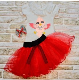 Resim 9-12-18 Ay Toka Hediyeli Kuş Desenli Tişört Tütü Etek 2li Kız Bebek Takımı Kırmızı Kırmızı 