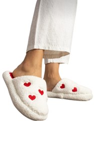Resim Liger Kadın Pofuduk Nakışlı Ev Terliği Çeyiz Bohça Terliği Valentine's Day BEYAZ - KIRMIZI 