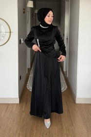 Resim Tesettür Diyarı Saye Taşlı Drapeli Saten Tesettür Abiye- Siyah 