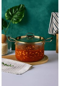 Resim 4,5 Lt. Borosilikat Cam Tencere Ölçülü Gold Detaylı Ve Kulplu Isıya Dayanıklı Tencere Şeffaf 