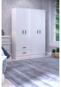 Resim Gubimo Abete 4 Kapılı 2 Çekmeceli 2 Askılıklı Beyaz Gardırop Elbise Dolabı Yüklük 