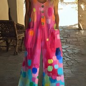 Resim Kadınlar İçin Vintage Çiçek Desenli Tulum - Geniş Paça, Düğmeli Ön Kısımlı, Esnemez Kumaş, Parti ve Günlük Kullanım, Makinede Yıkanabilir Tek Parça Pantolon, Eğlenceli Tasarım, Rahat Kesim, Kolsuz Yazlık Giysi 