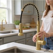 Resim İSAOĞLU YAPI Mat Gold Endüstriyel Mutfak Bataryası Evye Musluğu Antik Eskitme Altın Mutfak Bataryası 