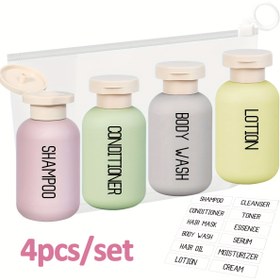 Resim 4 Adet Seyahat Losyon Şişesi ve Saklama Çantası - Sızdırmaz Doldurulabilir Kapaklı Şampuan, Saç Kremi, Duş Jeli & Tuvalet Malzemeleri İçin Pastel Renkler (Nane Yeşili, Lavanta Pembe, Açık Gri, Bej) 