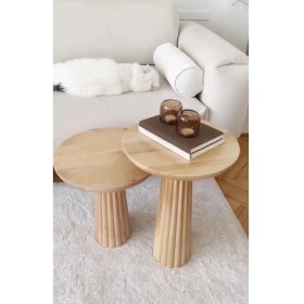 Resim Ahşap 2’Li Set Fitilli Mantar Yan Sehpa Fiskos / Çiçeklik Modern 