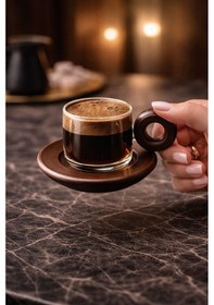 Resim Morponi 6'lı Borosilikat Cam Akasya Sap Ve Akasya Tabaklı Türk Kahvesi Fincanı 90 Ml Şeffaf 