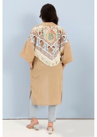 Resim Wpr Kimono Arkası Baskılı Püsküllü Keten - Vizon-vizon Vizon 
