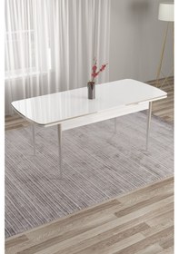 Resim Canisa Nira Serisi 70x114 Mdf Açılabilir Beyaz Masa Takımı 6 Gri Sandalye Krom Detay Masa Beyaz Sandalye Gri Ayaklar Krom 