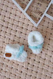 Resim Bugula Bebek Yenidoğan Doğal Panduf 0-3M Mint Fiyonklu Beyaz Erkek El örgüsü Alize Puffy Patik 