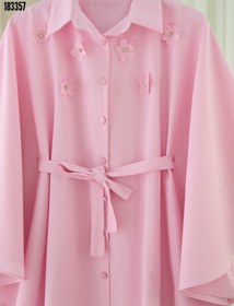 Resim Önü Çiçek Detaylı Beli Bağcıklı Düğmeli Panço Pembe 