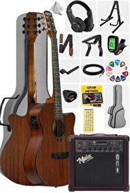 Resim Midex PHX PRO-AMP Amfili Yüksek Kaliteli Masif Elektro Akustik Gitar Seti - Kahverengi 