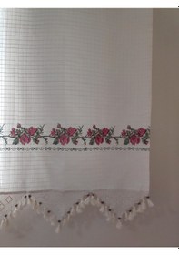 Resim Kırmızı Kanaviçeli Doğal Pamuklu Güneşlik Perde Buldan - Bodrum Bej - Krem 