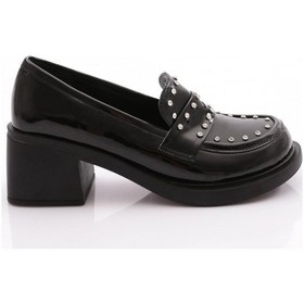 Resim Dgn 2101 Yüksek Taban Taş Detayli Loafer Kadin Ayakkabi SIYAH RUGAN 