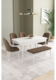 Resim Ikon Beyaz 80x132 Mdf Açılabilir Yemek Masası Takımı 4 Sandalye, 1 Bench Kahverengi 