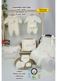 Resim Gros Shop Müslin Yeni Doğan 4katlı Organik %100pamuk Kişiye Özgü Nakışlı Hastane Çıkış Seti Kelebek Model-2 Ekru-1 