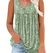 Resim Kadınların Çiçek Desenli Kolsuz Henley Yaka Üstü - Rahat Yazlık Atlet, Yeşil Çiçeklerle Beyaz, V Yaka, Düğme Detayı, Polyester Kumaş, Tatil veya Rahat Kıyafet için Mükemmel, Yazlık Rahat Giyim | V Yaka Üst | Orta Esneklikli Malzeme, Çiçek Desenli Atlet 