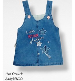 Resim MÜCO KİDS WEAR Kız Bebek Çocuk Life Star Kot Jile Yıldız Desen Jean Salopet Denim Elbise 