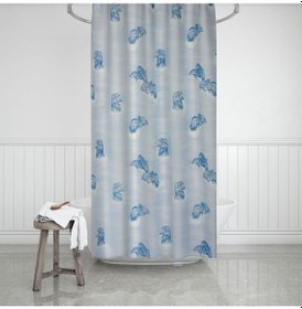 Resim Banyo Perdesi Mavi Yunus Desen Yerli Üretim Duş Perdesi C-halka 180x200cm Banyo Perdesi Yunuslu 