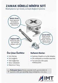 Resim İmt Aksesuar Zamak Metal Dübelli Minifix Gövde Mil Ve Dübel Seti - Mobilya Ve Dolap Bağlantı Elemanı 50 Takım Metalik 