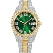 Resim Hanyang Mix Yeşil Lüks Rhinestone Roma Rakamları Erkek Takvim Izle Paslanmaz Çelik Şerit Erkekler Kol Saatleri Erkek Tarih Relogio Masculino (Yurt Dışından) 