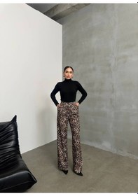 Resim Premium Leopar Desenli Palazzo Pantolon Yüksek Bel, Oversize Bej 