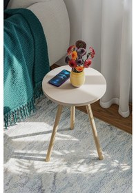 Resim İntergo Yuvarlak Ahşap Ayaklı Tekli Zigon Yan Sehpa Krem 