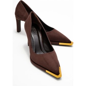 Resim Lıora Kahverengi Süet Altın Detaylı Kadın Blok Topuklu Topuklu Ayakkabı Kahverengi 