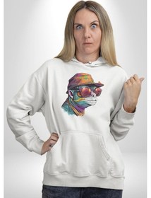 Resim Gözlük Şapka Mukalemun Kadın Erkek Beyaz Kapüşonlu Sweatshirt Hoodie Beyaz 
