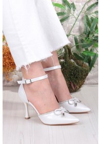 Resim Fort 35695 Saten Fiyonklu Biye Taşlı Topuklu Abiye Ayakkabı Kadın Ayakkabı Sedef 