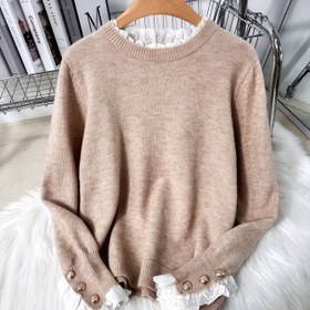 Resim Zarif Kadın Dantel Süslemeli Örme Kazak - Şık Uzun Kollu, Yuvarlak Yaka Kazak Yumuşak Bej/Krem Renkte - Sonbahar & Kış İçin Mükemmel 